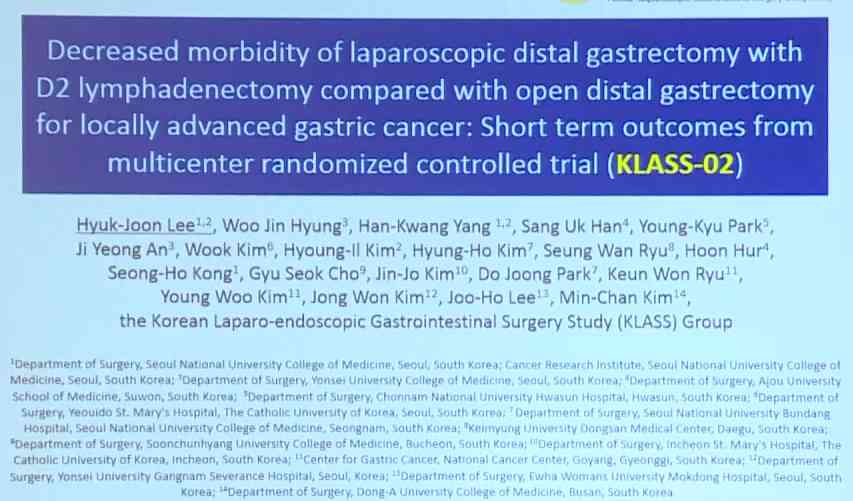 HJ Lee：腹腔镜远端胃切除术与D2淋巴结切除术对照试验：KLASS-02的短期结果